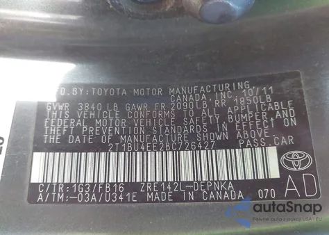 2011 Toyota Corolla Le from USA, damaged, VIN 2T1BU4EE2BC726427